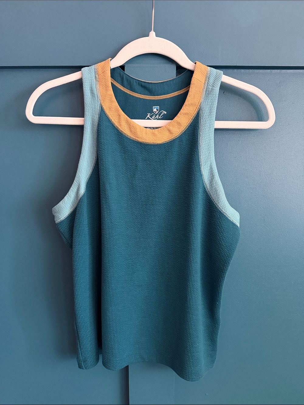Kuhl Teal Athletic Tank with Light Blue and Mustard Trim